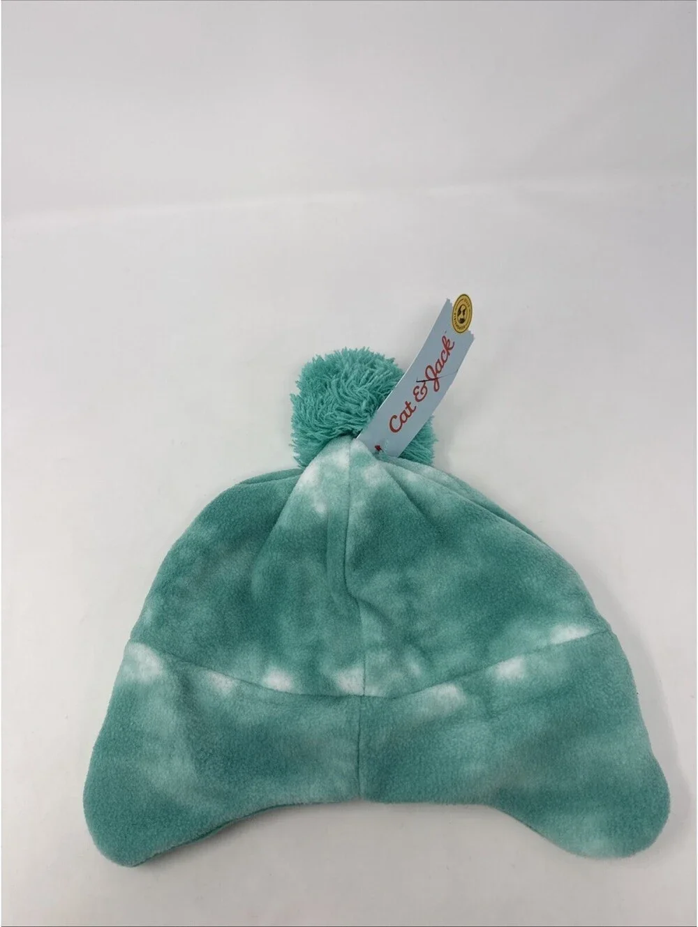 Cat & Jack Aviator Fleece Hat OSFM Teal/White Clouds Pom Pom Ear Flaps A34